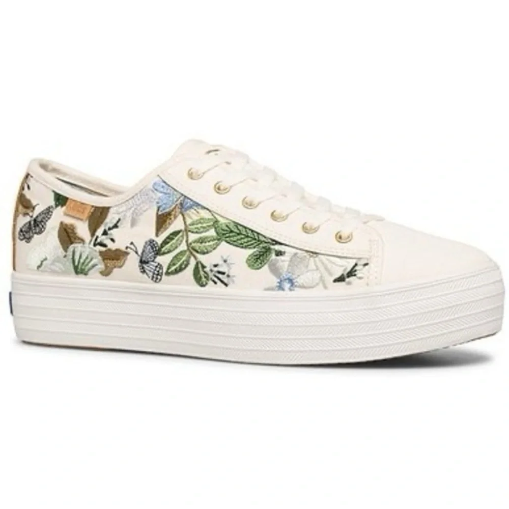 Rifle Paper Keds Triple Kick Blue Fields Embroidered Floral Casual Sneaker Shoes